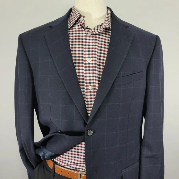 Nautica Men's Sport Coat Blazer Two Button Navy Blue Plaid‎ Wool Size 44R